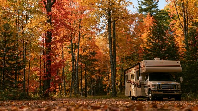a serene forest during autumn. The main subject is a white recreational vehicle, likely a motorhome, parked on a path covered in fallen leaves.