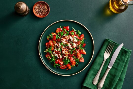 Tomato caprese salad served on dark green textured table with sharp focus flat lay for restaurant menu and gourmet culinary branding