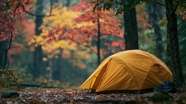 a serene forest during autumn. The main subject is a bright yellow tent pitched up on the ground, surrounded by fallen leaves in various shades of red, orange, and brown.