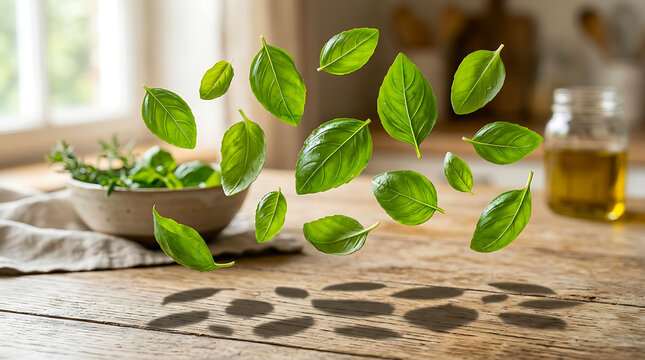 Floating fresh green basil leaves above a rustic wooden table in a sunlit kitchen with culinary herbs kitchen decor herb preparation cooking herbs aromatic herbs flying leaves food levitation