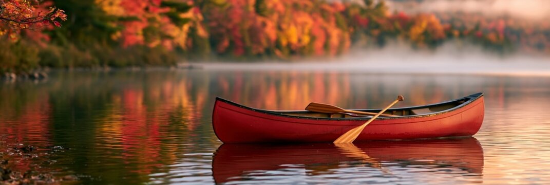 a serene lakeside scene during autumn. A red canoe with a wooden oar rests on calm water, its reflection shimmering on the surface. The canoes smooth surface reflects the surrounding foliage.