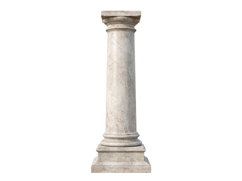 Ancient doric stone column with weathered texture standing isolated against plain white background