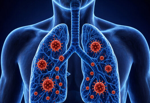 Human lungs infected with coronavirus illustration showing virus particles inside