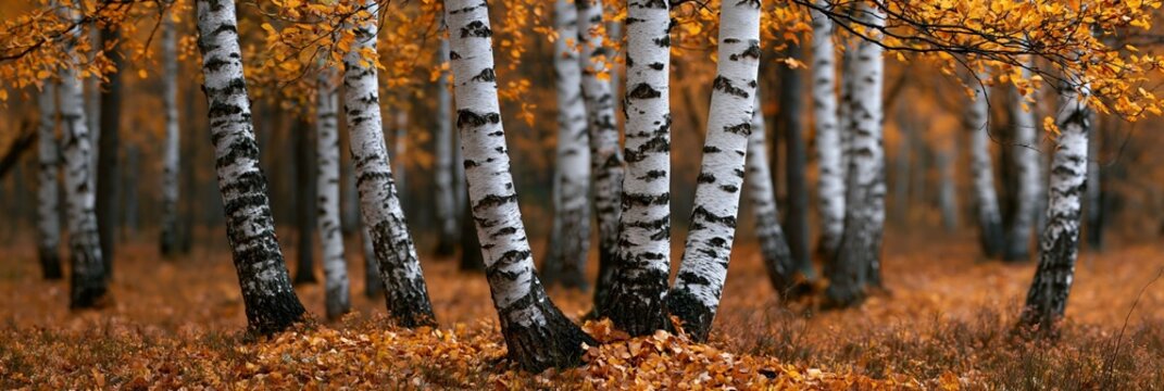 a group of birch trees. The trees have white bark with black speckles, and their leaves are a mix of yellow and orange hues.