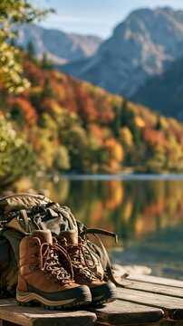 a pair of hiking boots and a backpack placed on a wooden dock. The boots are brown with orange laces and appear to be made of leather or synthetic material.