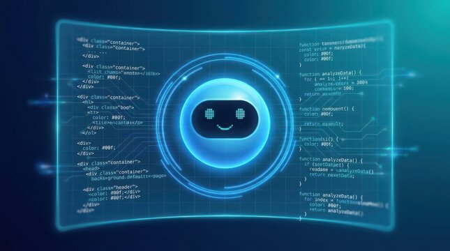 Digital interface showing smiling robot surrounded by coding and programming elements