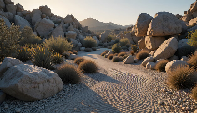 Dry Garden With Agaves And Raked Gravel In Warm Golden Hour Light Landscape Image