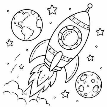 Black and white coloring page of a space rocket flying in the galaxy
