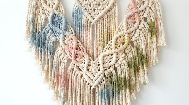 Handmade macram&eacute; wall hanging with layered fringe in cream, blush, sage green and dusty blue tones