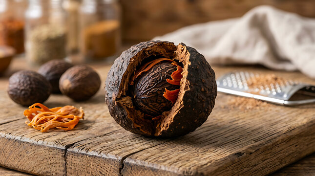 Whole nutmeg seed with mace and ground spice on wooden board cracked nutmeg baking spice culinary spice kitchen grater aromatic spice food seasoning spice powder cooking ingredients flavoring