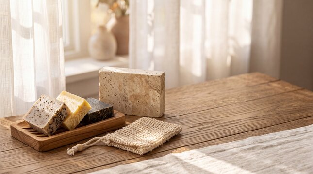 Natural handmade bar soaps on wooden dish with sisal soap pouch and travertine stone on wood table