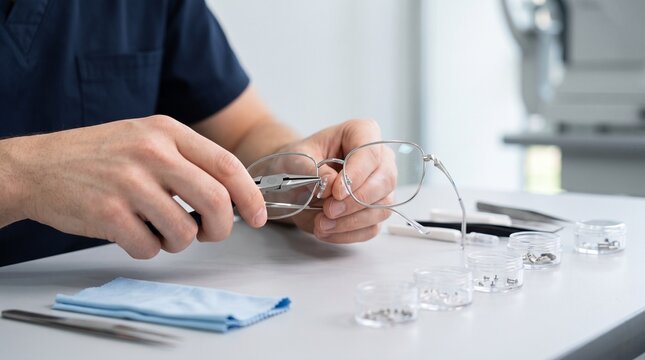 Professional optician uses small metal pliers to carefully adjust the nose pad on modern silver eyeglasses in bright clinical office