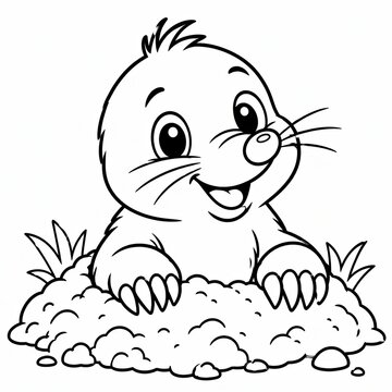 Cute cartoon mole peeking out of a hole in the ground