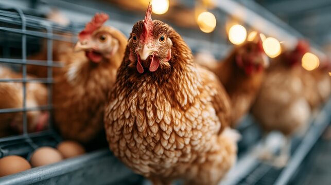 A close-up view of brown hens in a wire cage with eggs visible, set against a blurred background with warm lights.