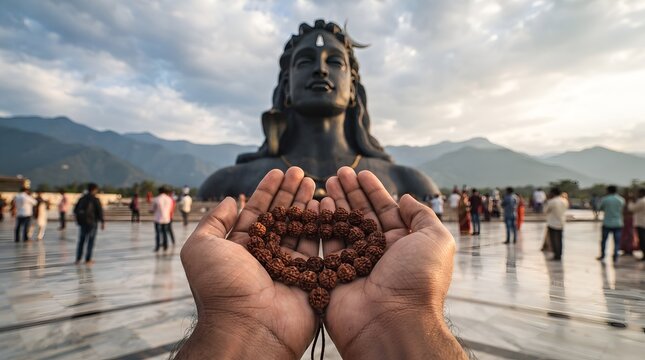 Close Up Of Hands Holding Rudraksha Mala In Front Of Adiyogi Shiva Statue At Isha Yoga Center