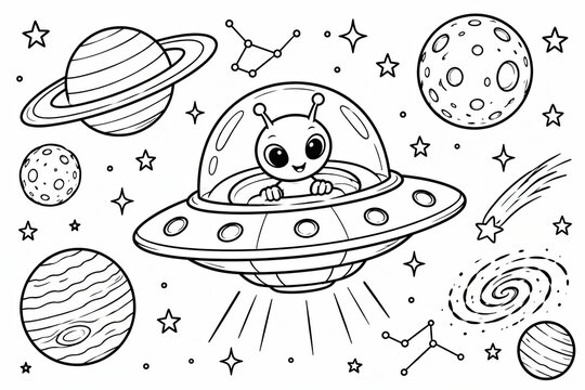 Cute alien spaceship flying in outer space with planets and stars