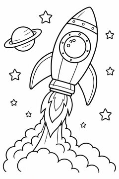Cute cartoon rocket ship flying in space with stars and a planet