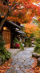 Fototapeta premium a traditional Japanese village during autumn. The main subject is a cobblestone pathway lined with a tree displaying vibrant red, orange, and yellow leaves. The pathway is bordered by lush greenery.