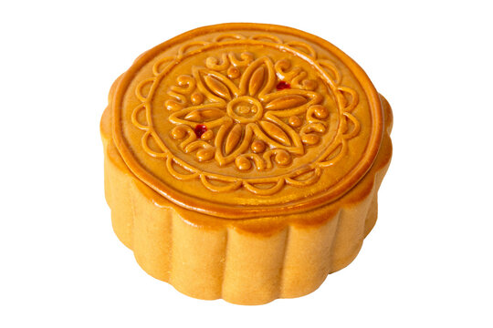A mooncake isolated on transparent background, tradition Chinese moon cake, sweet dessert for mid autumn celebration. Happy Chinese translation mid autumn festival.