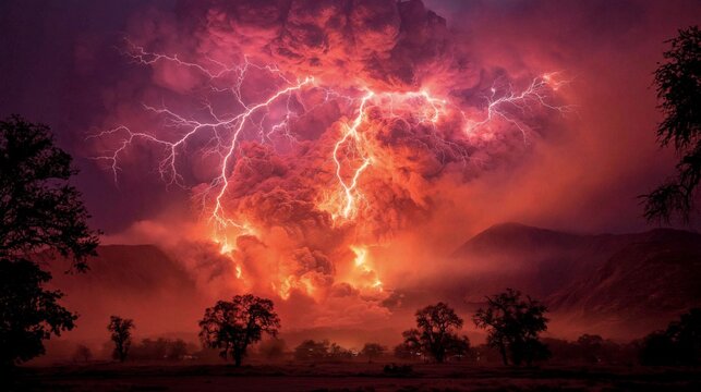 A dramatic volcanic eruption with lightning striking within a massive red ash cloud over a silhouetted landscape with trees and.