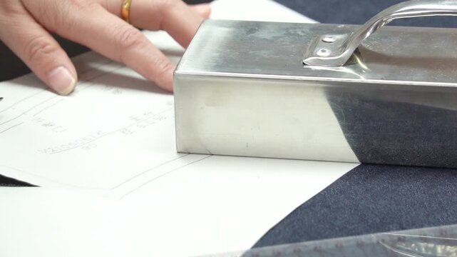 Tailor holding metal pattern weight on sewing pattern and denim fabric