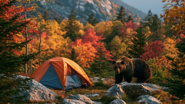 a serene forest during autumn. A large, brown bear stands on a rocky outcrop, gazing directly at the camera. To the left of the bear is a bright orange tent set up on the grassy ground.