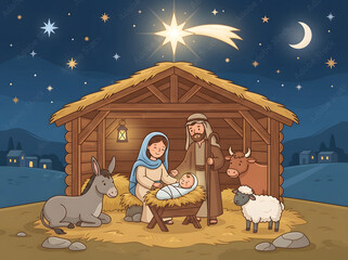 Fototapeta premium Christmas Nativity Scene with Little Boy and Mother, Winter Holiday Religious Illustration 
