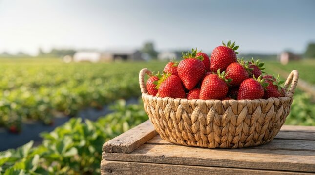 Fresh ripe strawberries in a woven basket on a wooden crate in a sunny farm field.