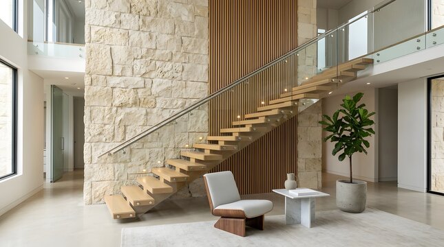 Modern floating staircase with wood slats and stone wall in luxury hall