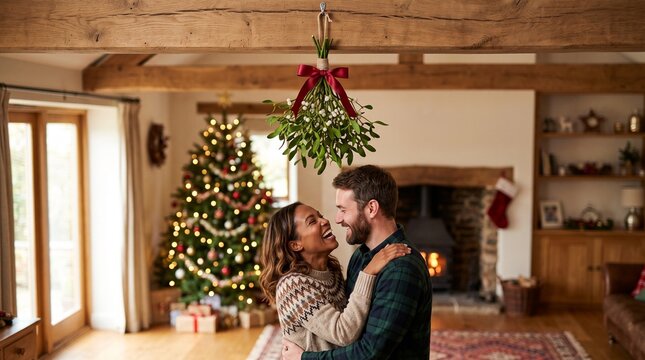 Mistletoe hanging from ceiling, Young couple embracing under mistletoe in cozy living room at Christmas  