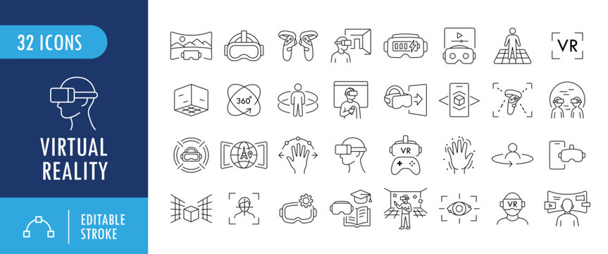 Virtual reality icon set. Collection of VR headset, immersive experience, gaming and 360 degree line icons. Editable stroke. Vector illustration.