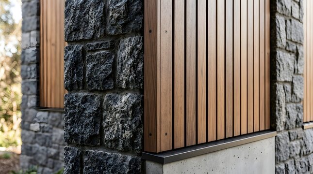 Modern exterior wall detail featuring natural stone and vertical wood slats