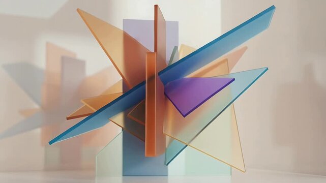 Rotation starting sculpture rotating and tilting panels or slab in studio showing color on glossy ba