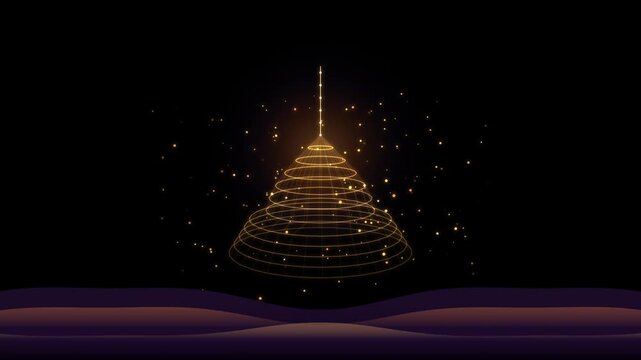 Abstract glowing golden cone structure made of light lines and particles floating above dark wavy landscape, futuristic digital art background, 3d render
