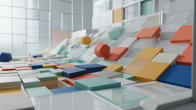 Shifting tan cuboid sending tiles and cuboids sliding on modular translucent ramps