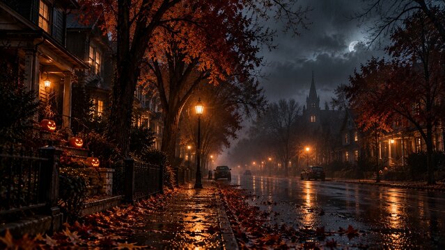 Atmospheric Halloween night on a quiet residential street with glowing jack-o-lanterns, autumn trees, wet pavement, streetlights and a mysterious full moon.