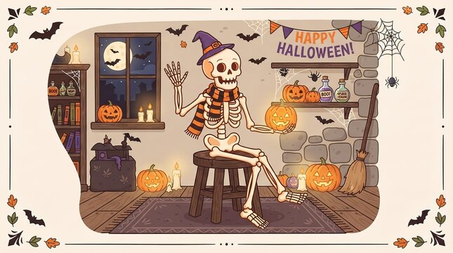 Halloween Skeleton Sitting on Stool Vector Illustration Isolated on White Background

