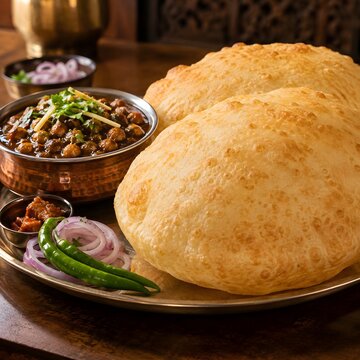 Traditional Chole Bhature with spicy chickpea curry and fried bread, authentic Indian breakfast platter, rustic golden puri with chana masala