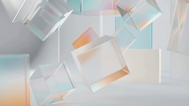 Floating glass cubes rotating under invisible force above white stage, pedestal and pastel panels