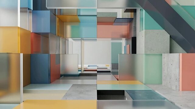 Starting camera moving forward through gallery revealing modular glass panels and colored blocks