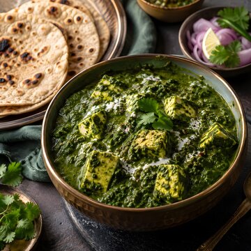 Palak Paneer Indian curry with spinach and cheese, traditional cottage cheese in green gravy, rustic meal with roti flatbread