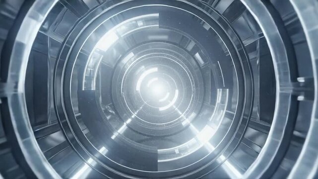 Advancing ringed tunnel drawing camera toward bright light in tube with segmented lights and specks