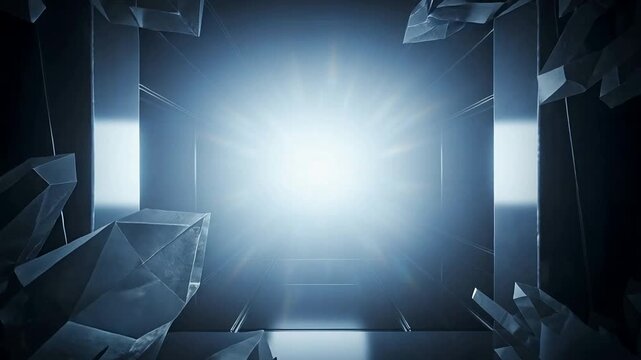 Camera moving octagonal tunnel in mirror hall, showing prism clusters and central light bloom