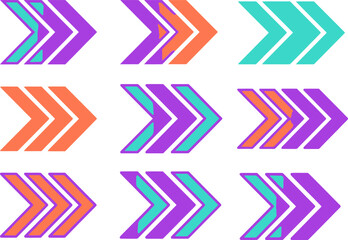 Fototapeta premium Neon arrow set and geometric direction pointers. Colorful chevron symbols pointing right for navigation. Modern UI graphic elements for web design, interface, and infographics vector.