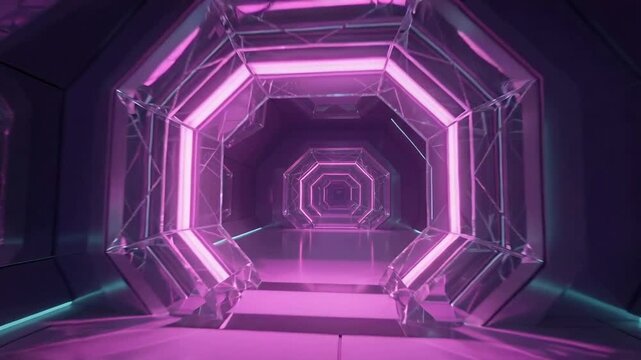 Moving camera forward, revealing illuminated octagonal passageway sci-fi corridor with magenta neon
