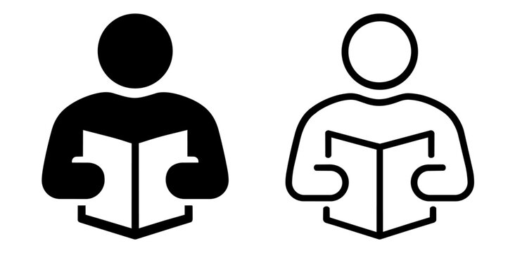 Set of two reading icons, solid and outline style, person holding an open book, education and learning concept