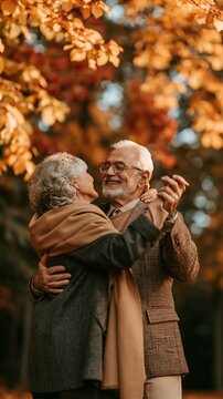 an elderly couple embracing in a park during autumn. The man, wearing glasses and a checkered blazer, holds the woman close. The woman, with curly silver hair, wears a dark coat and a beige scarf.