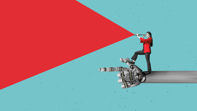  Signpost - a ai robot hand shows the business woman with binoculars where to look. Business analytics and strategic. Find a way.