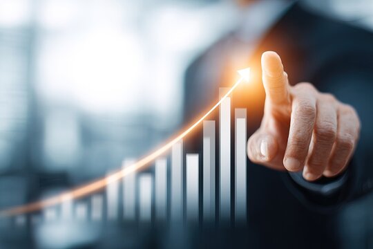 Businessman hand drawing growing financial bar chart with upward arrow. Perfect for corporate performance review presentations, wealth management agency web banners, business coaching program flyers