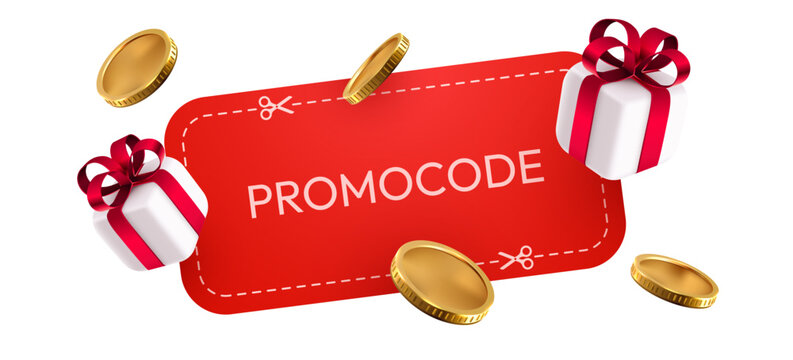 Promocode label with gifts and gold coins.